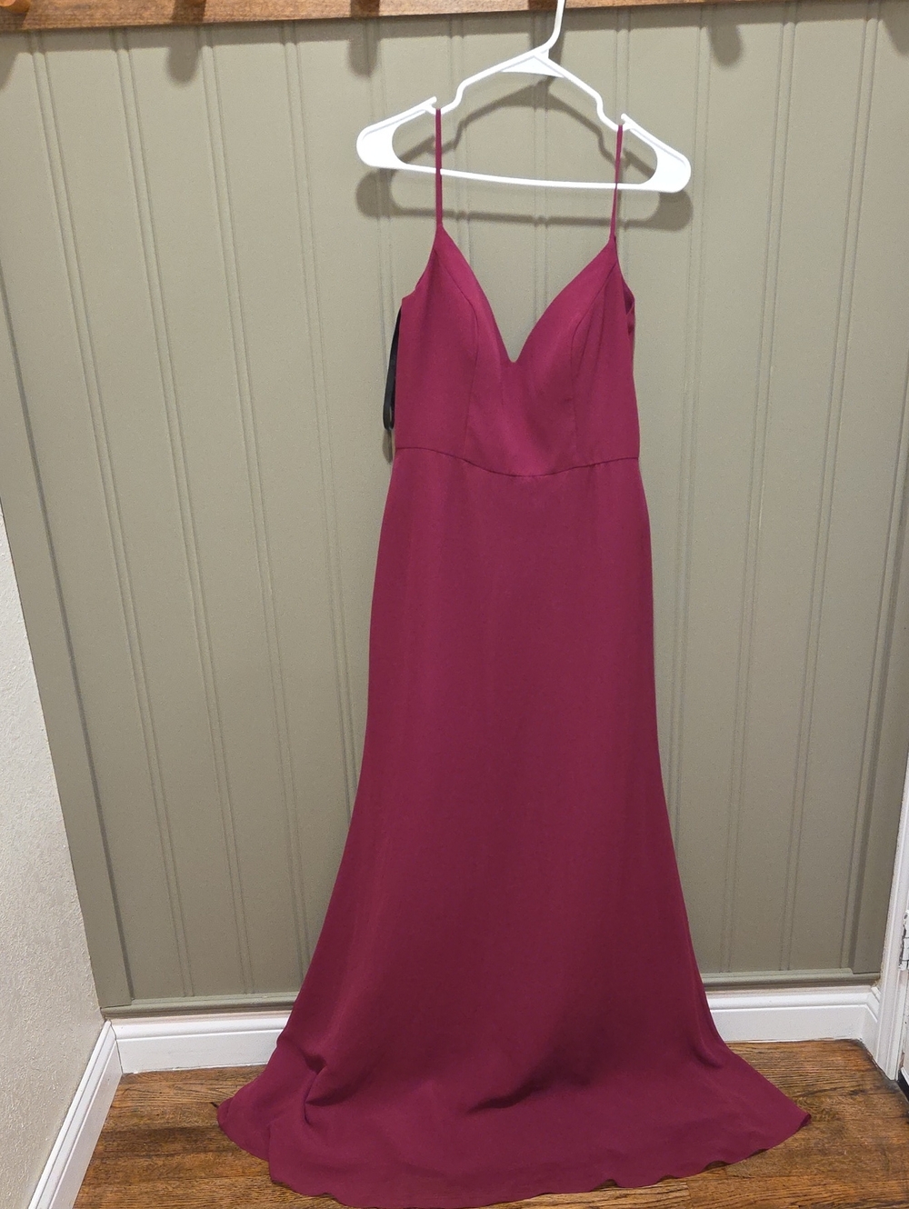 Hayley Paige Occasions Plum Spaghetti Strap V-Neck Formal Gown